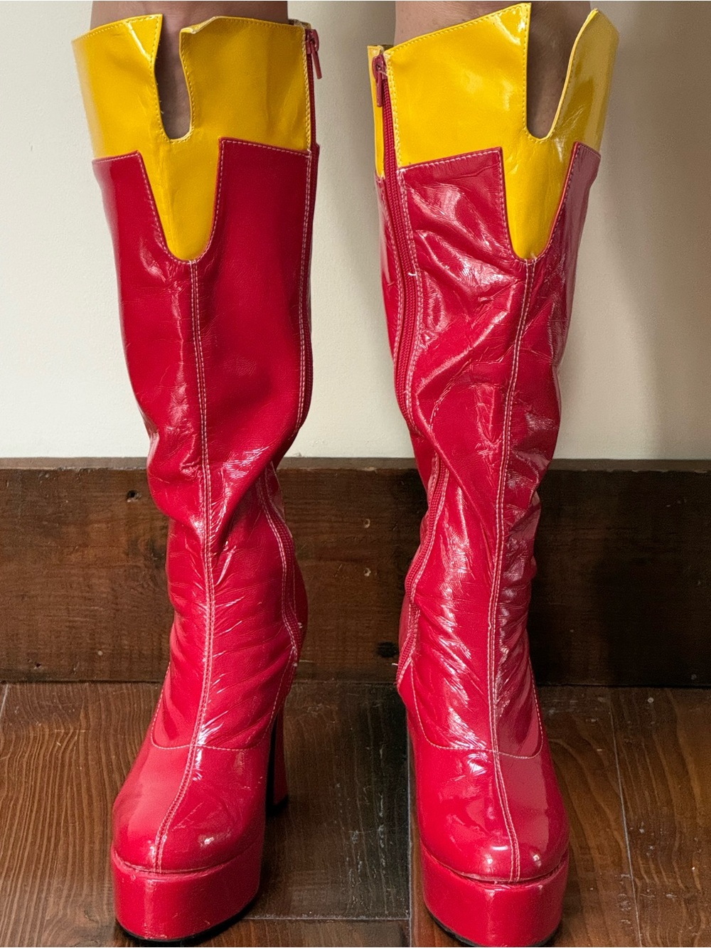 SuperGirl Red and Yellow Patent Knee-High Platform Boots